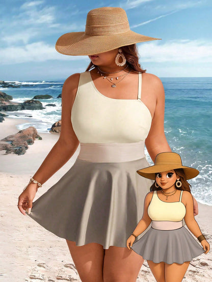Swim Lushoire Plus Size Women 2pcs Contrast Color One Shoulder Cinched Waist Knee Length Casual Beach Dress Swimsuit