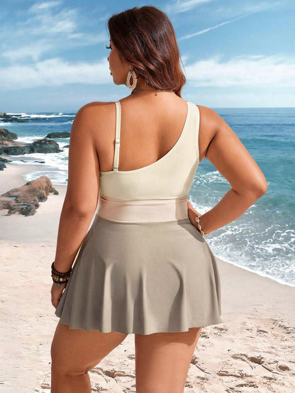 Swim Lushoire Plus Size Women 2pcs Contrast Color One Shoulder Cinched Waist Knee Length Casual Beach Dress Swimsuit