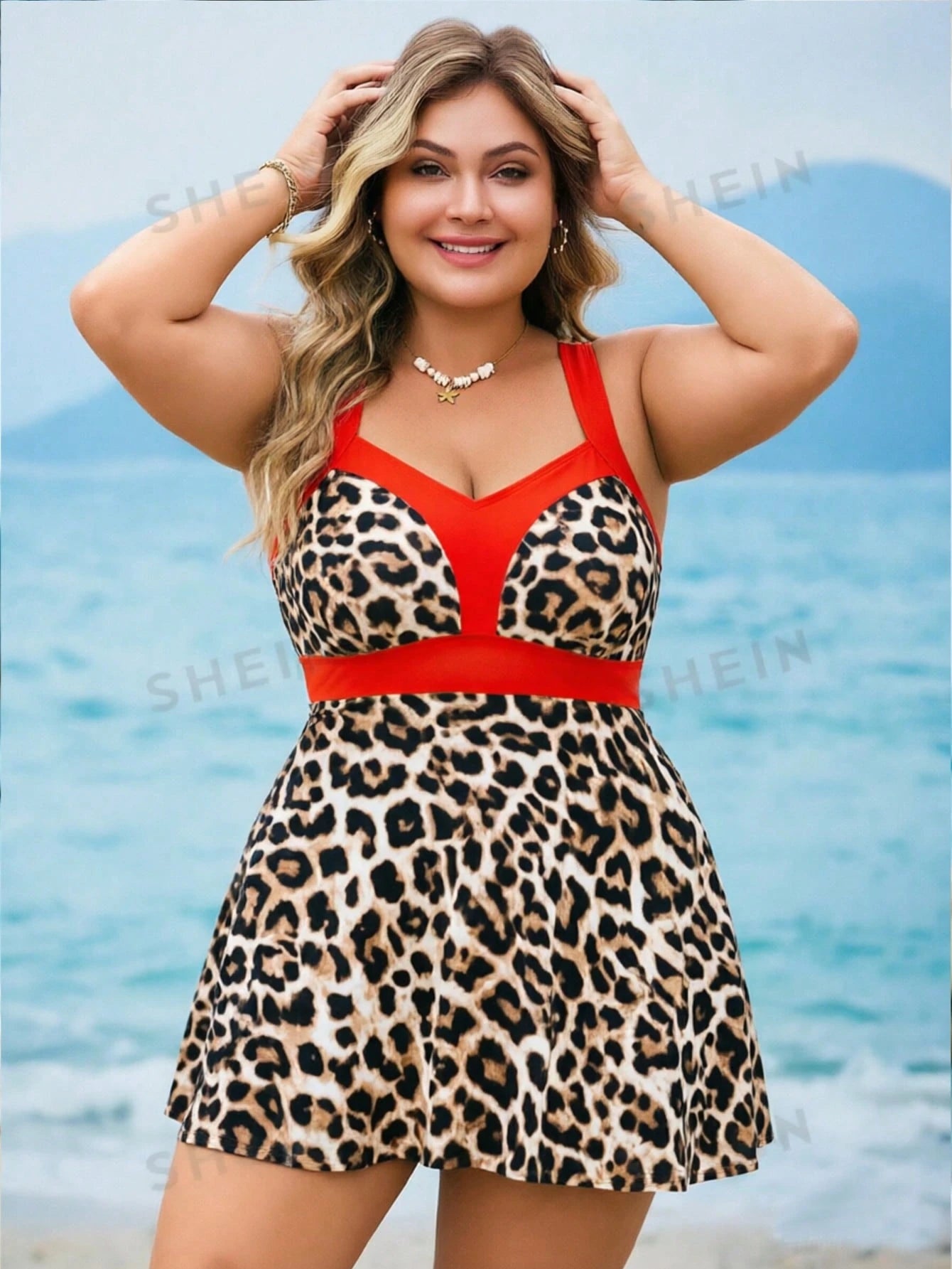 Swim Lushoire Plus Size Women 2pcs Patchwork Camisole Spaghetti Strap Gathered Waist A-Line Hem Modest Swimwear Set, Casual Summer Holiday
