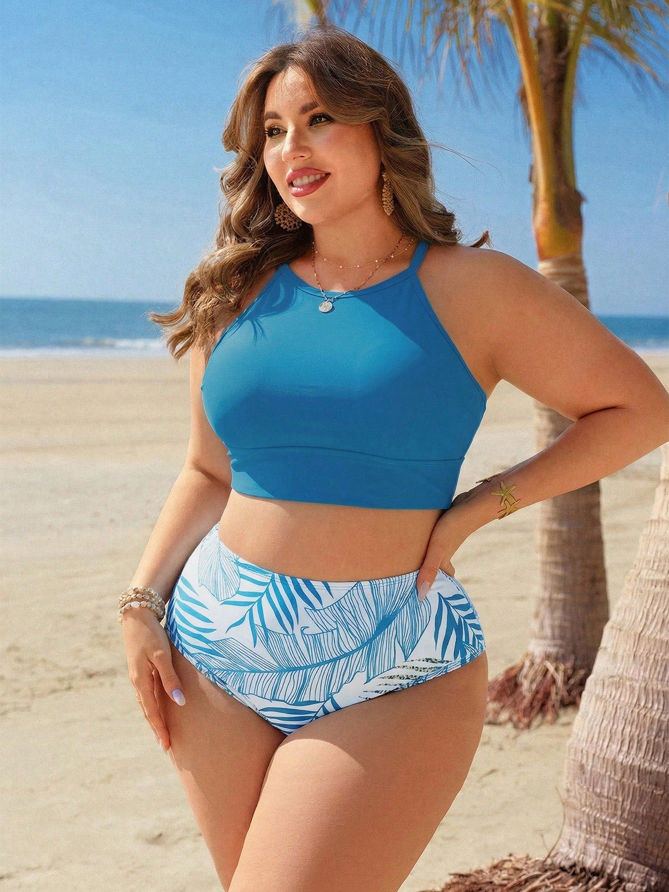 Swim Lushoire Plus Size Women 2pcs Random Print Tankini Swimwear With Adjustable Straps Tummy Control Suitable For Beach Beach Vacation Holiday Sky Blue Navy Blue