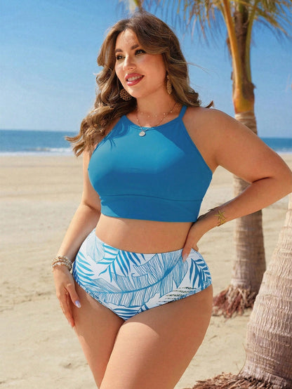 Swim Lushoire Plus Size Women 2pcs Random Print Tankini Swimwear With Adjustable Straps Tummy Control Suitable For Beach Beach Vacation Holiday Sky Blue Navy Blue