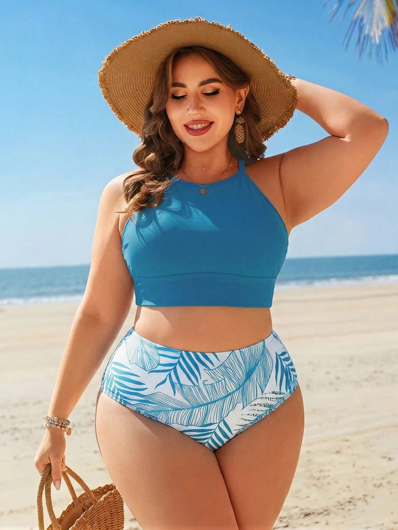 Swim Lushoire Plus Size Women 2pcs Random Print Tankini Swimwear With Adjustable Straps Tummy Control Suitable For Beach Beach Vacation Holiday Sky Blue Navy Blue