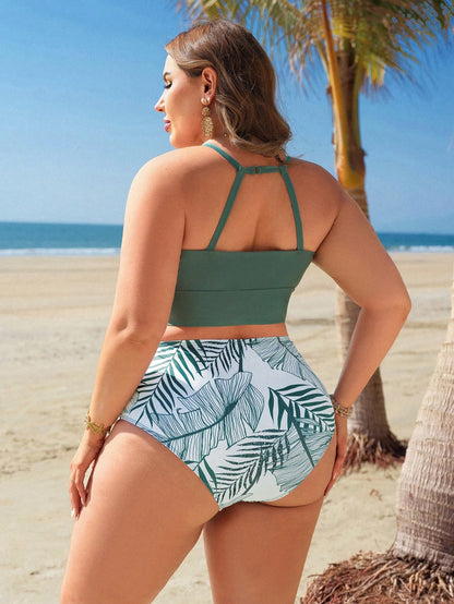 Swim Lushoire Plus Size Women 2pcs Random Print Tankini Swimwear With Adjustable Straps Tummy Control Suitable For Beach Beach Vacation Holiday Sky Blue Navy Blue