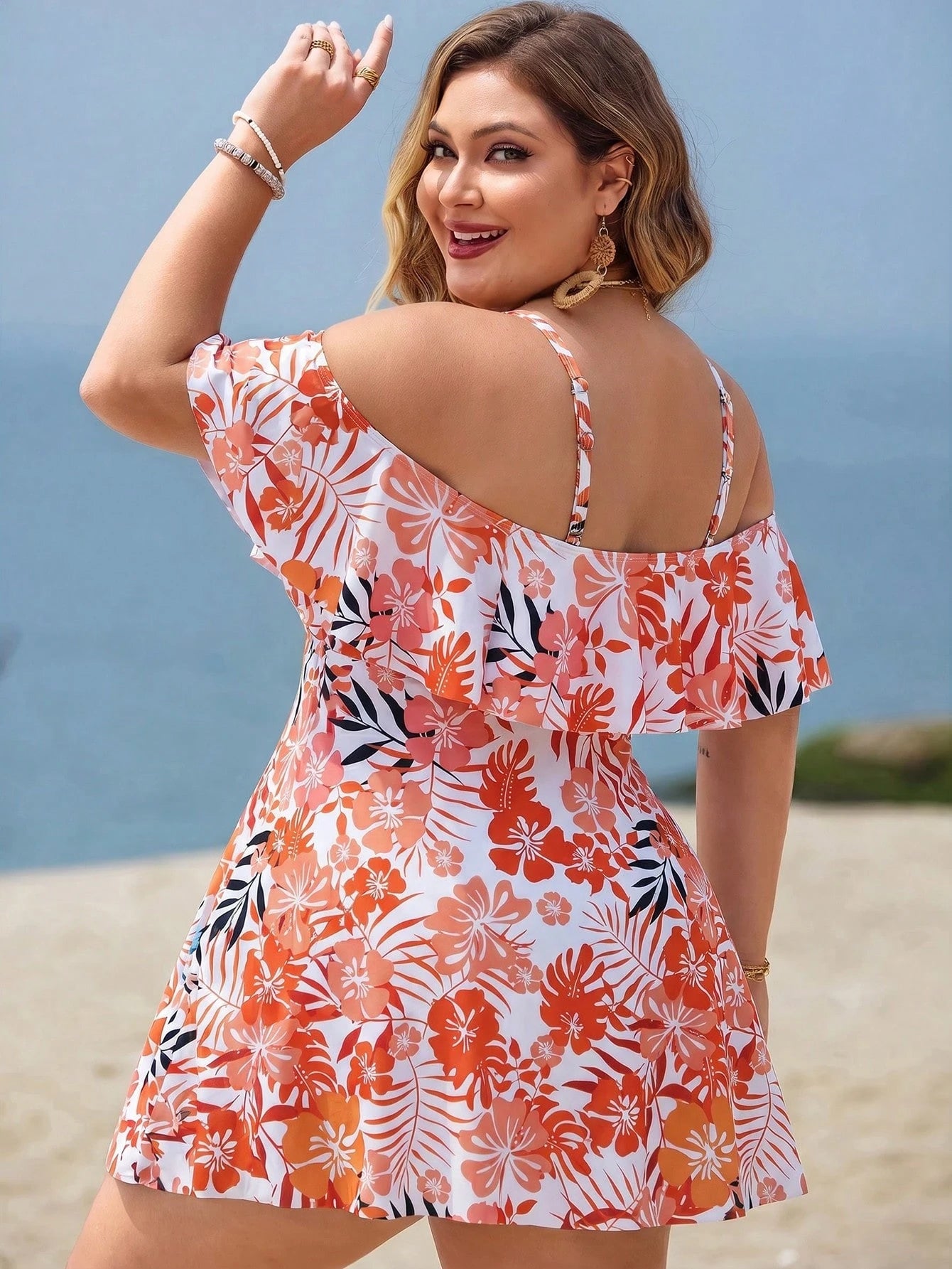 Swim Lushoire Plus Size Women 2pcs Set Casual Fashion Vacation Random Print Spaghetti Strap Ruffle Straight Neck Waist-Cinching A-Line Separated Swimsuit