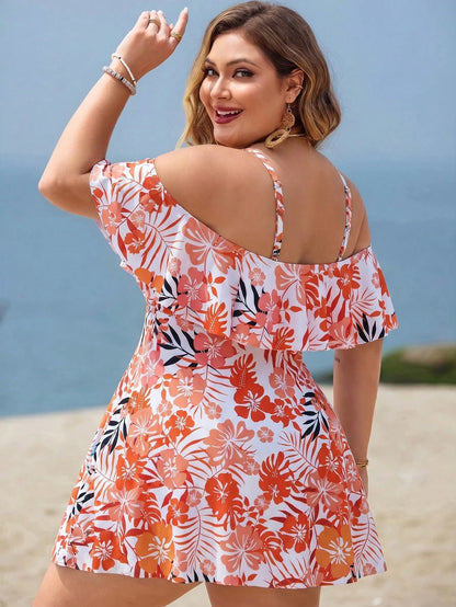 Swim Lushoire Plus Size Women 2pcs Set Casual Fashion Vacation Random Print Spaghetti Strap Ruffle Straight Neck Waist-Cinching A-Line Separated Swimsuit