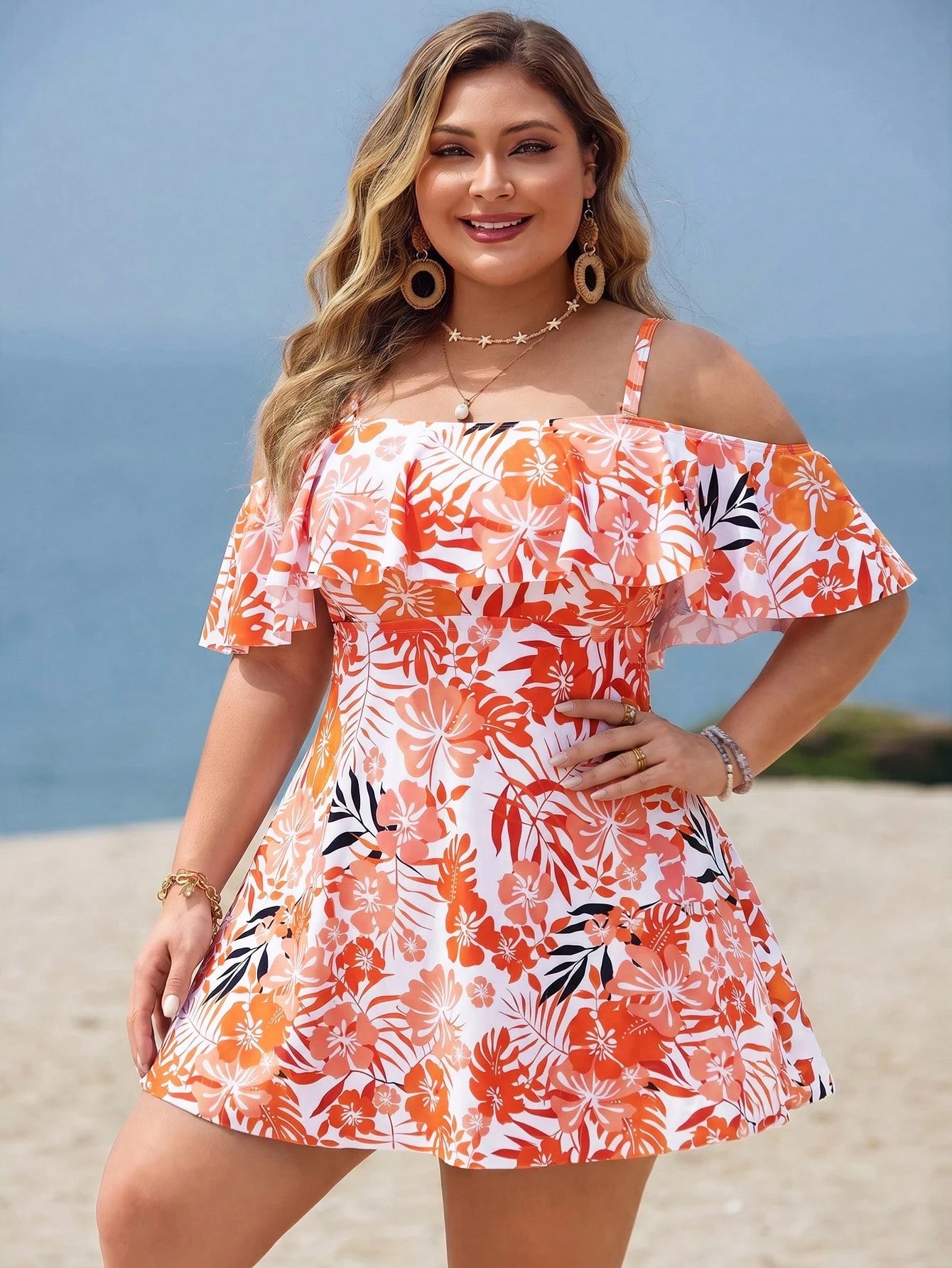 Swim Lushoire Plus Size Women 2pcs Set Casual Fashion Vacation Random Print Spaghetti Strap Ruffle Straight Neck Waist-Cinching A-Line Separated Swimsuit