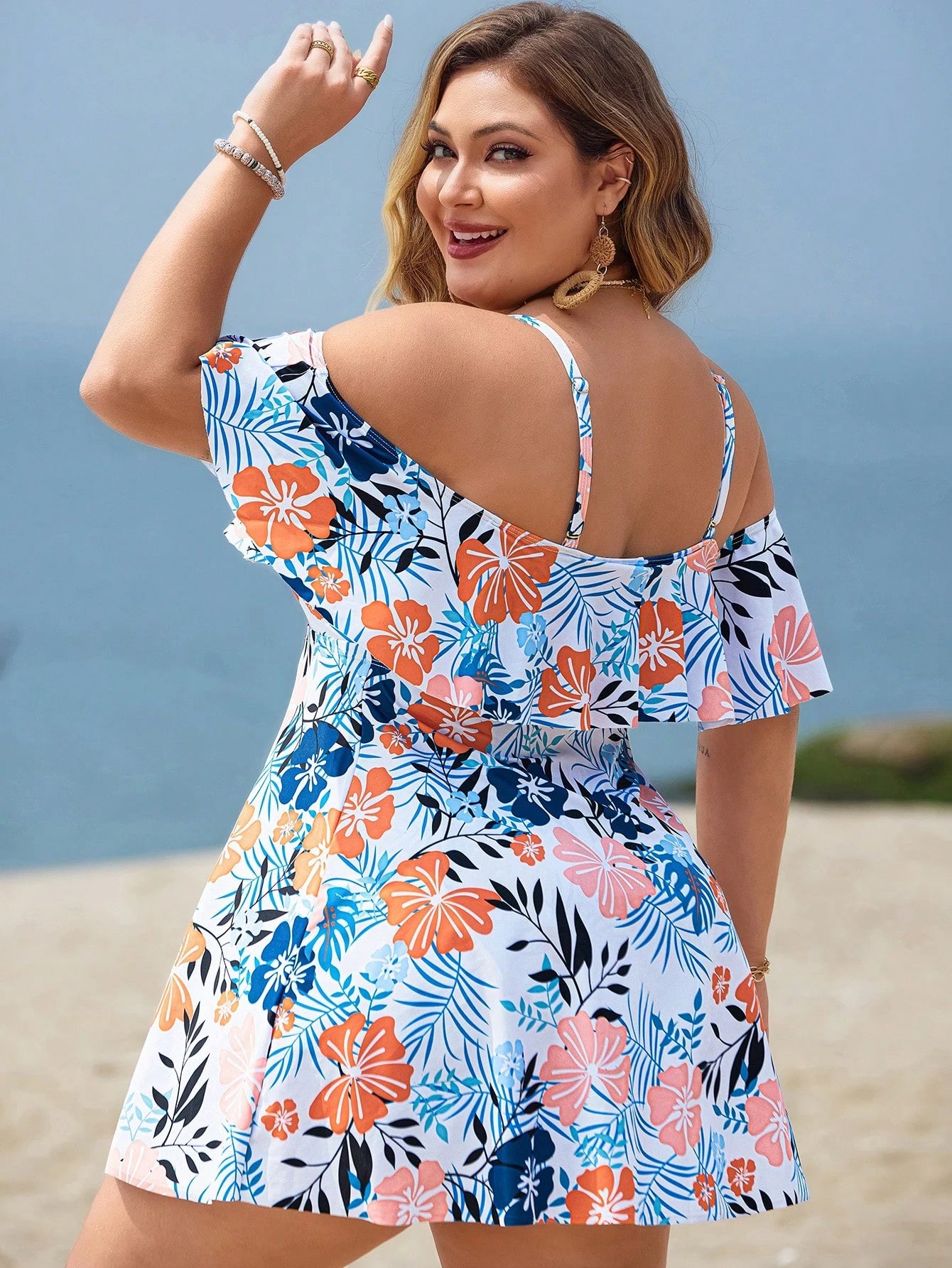 Swim Lushoire Plus Size Women 2pcs Set Casual Fashion Vacation Random Print Spaghetti Strap Ruffle Straight Neck Waist-Cinching A-Line Separated Swimsuit