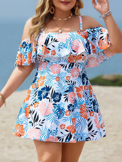 Swim Lushoire Plus Size Women 2pcs Set Casual Fashion Vacation Random Print Spaghetti Strap Ruffle Straight Neck Waist-Cinching A-Line Separated Swimsuit