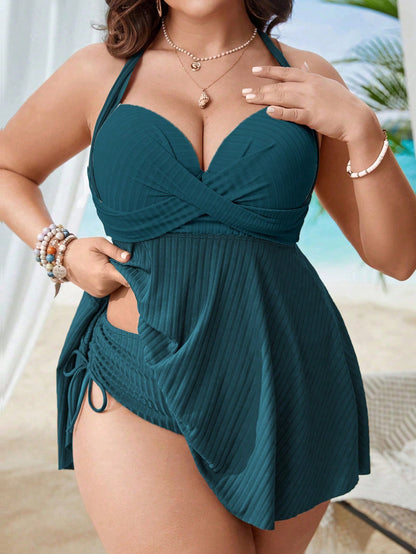 Swim Lushoire Plus Size Women 2pcs Solid Color Camisole Crop Top Bust-Enhancing High-Waisted Split Bikini Swimsuit And Skirt Beach Vacation Set For Summer