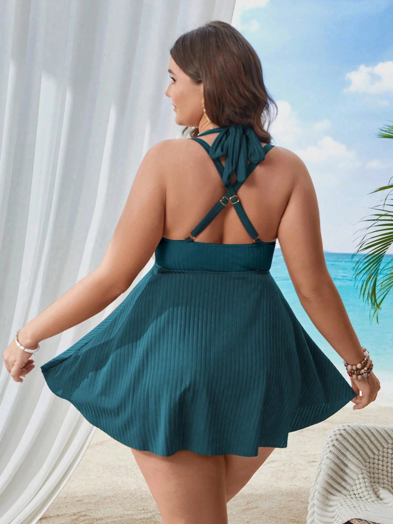 Swim Lushoire Plus Size Women 2pcs Solid Color Camisole Crop Top Bust-Enhancing High-Waisted Split Bikini Swimsuit And Skirt Beach Vacation Set For Summer