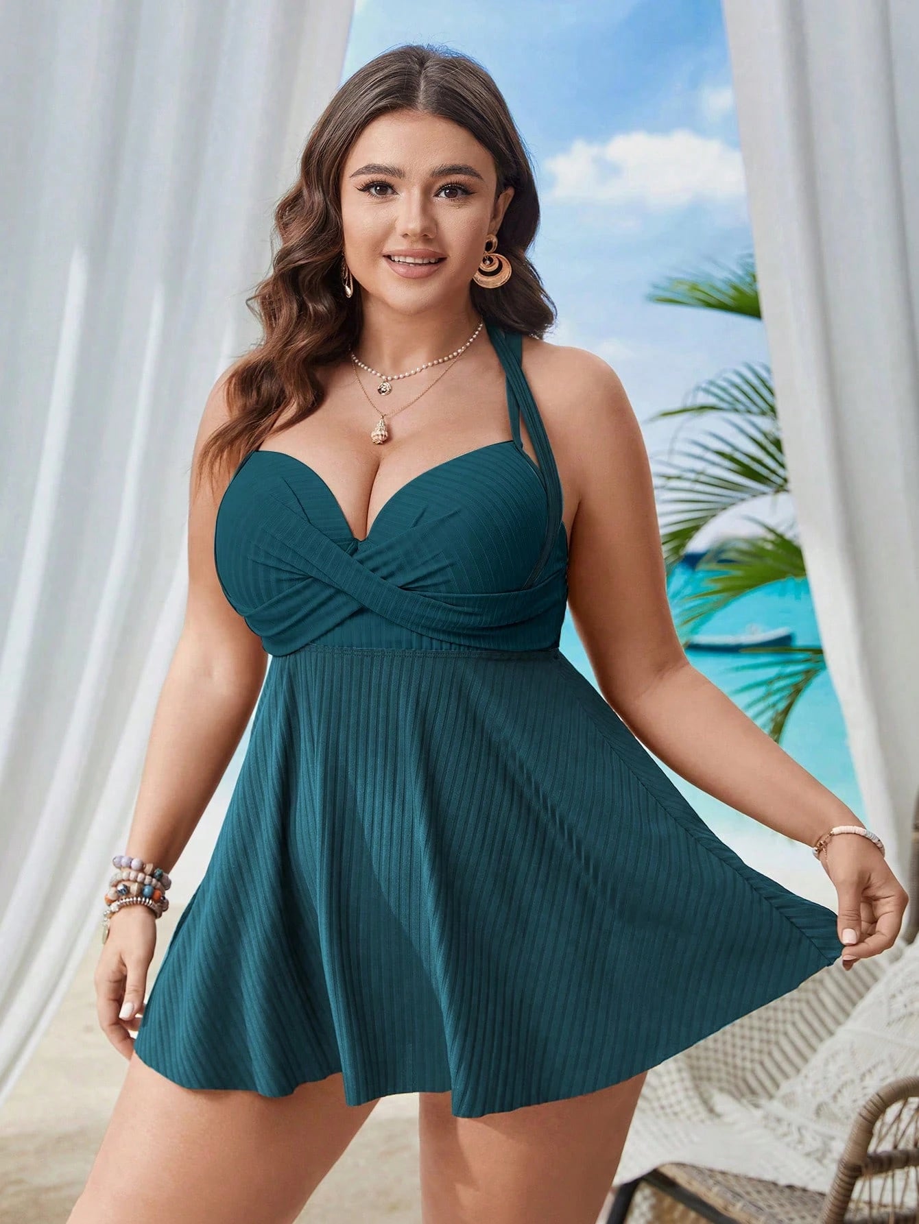 Swim Lushoire Plus Size Women 2pcs Solid Color Camisole Crop Top Bust-Enhancing High-Waisted Split Bikini Swimsuit And Skirt Beach Vacation Set For Summer
