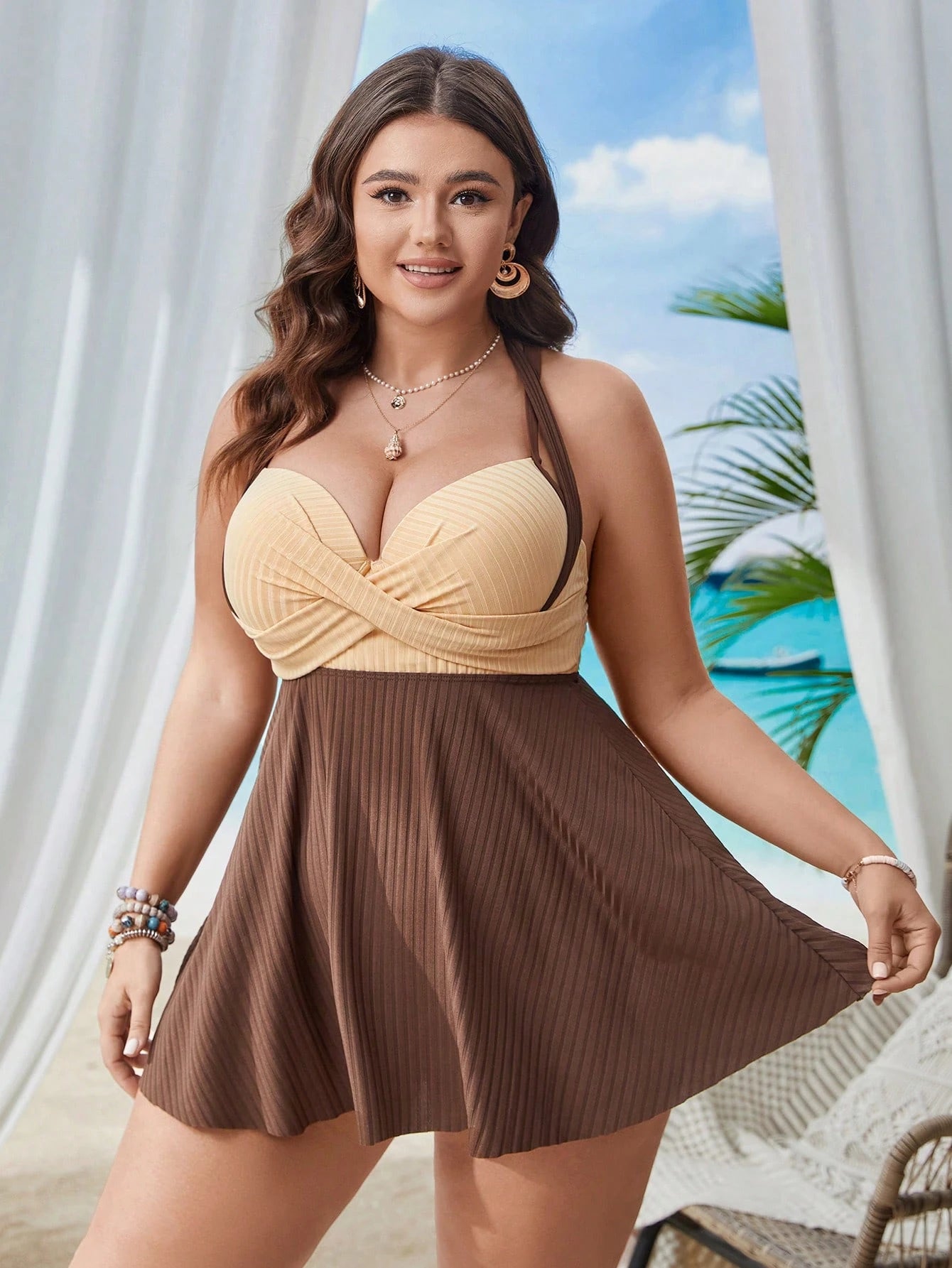 Swim Lushoire Plus Size Women 2pcs Solid Color Camisole Crop Top Bust-Enhancing High-Waisted Split Bikini Swimsuit And Skirt Beach Vacation Set For Summer
