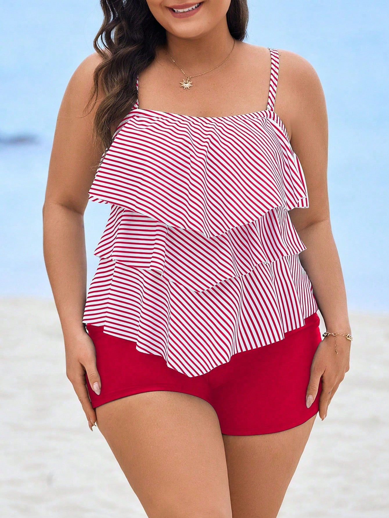 Swim Lushoire Plus Size Women 2pcs Striped Print Adjustable Strap Supportive Casual Beach Tankini Swimwear