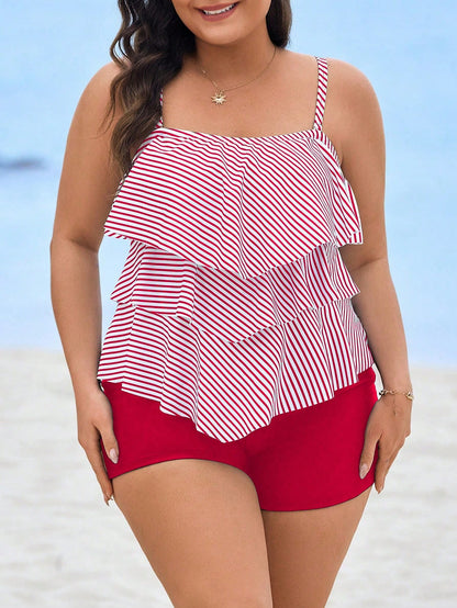 Swim Lushoire Plus Size Women 2pcs Striped Print Adjustable Strap Supportive Casual Beach Tankini Swimwear