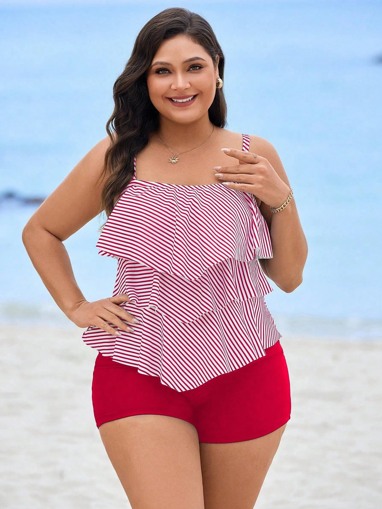 Swim Lushoire Plus Size Women 2pcs Striped Print Adjustable Strap Supportive Casual Beach Tankini Swimwear