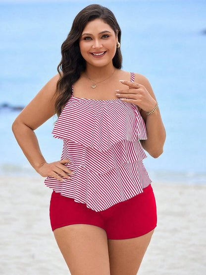 Swim Lushoire Plus Size Women 2pcs Striped Print Adjustable Strap Supportive Casual Beach Tankini Swimwear