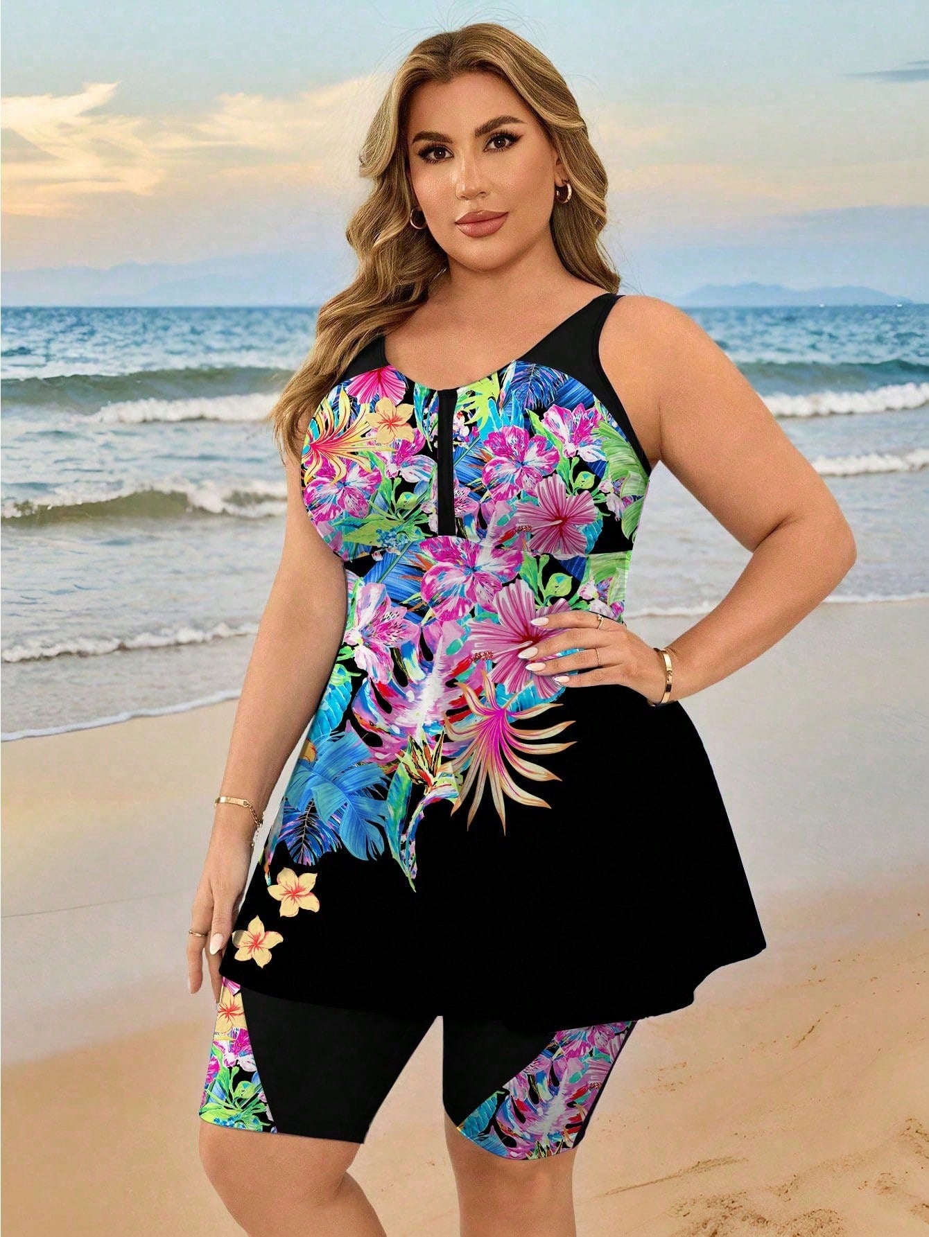 Swim Lushoire Plus Size Women Floral Digital Print Conservative Tankini Swimwear, Slimming Beach Party Holiday Swimwear For Moms