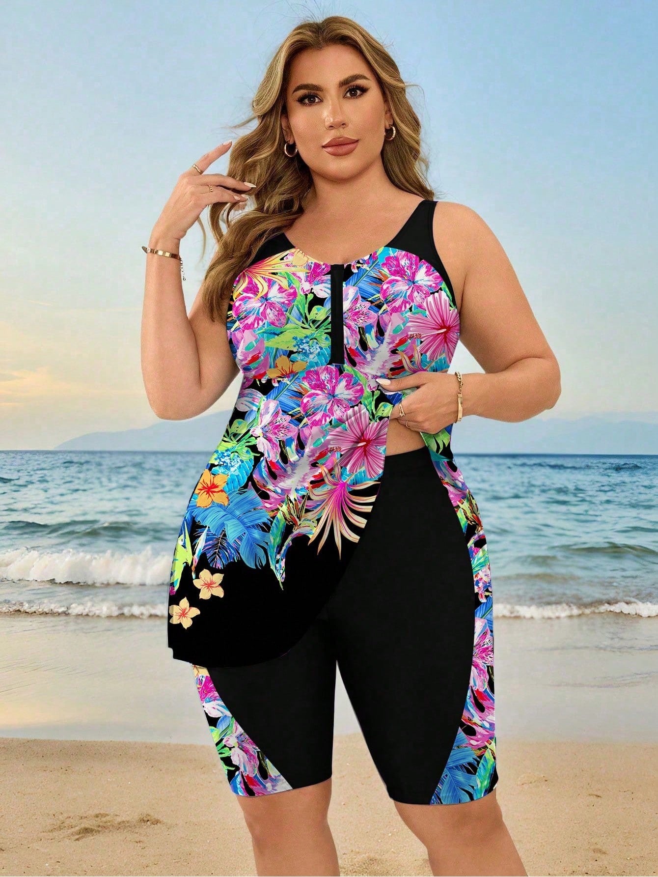 Swim Lushoire Plus Size Women Floral Digital Print Conservative Tankini Swimwear, Slimming Beach Party Holiday Swimwear For Moms