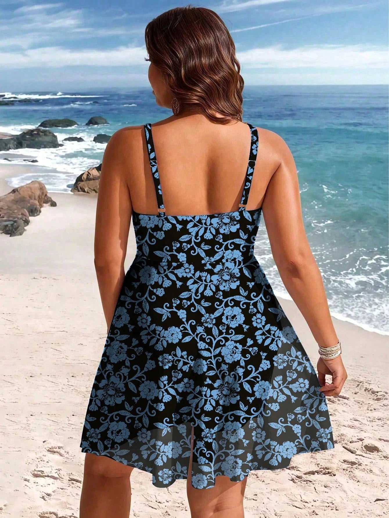 Swim Lushoire Plus Size Women Light Blue Contrast Mesh One-Piece Swimdress Vacation Summer
