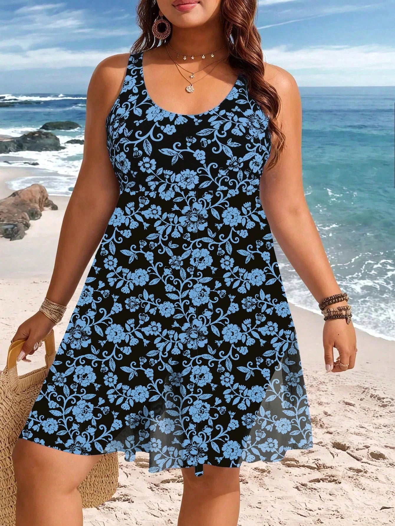 Swim Lushoire Plus Size Women Light Blue Contrast Mesh One-Piece Swimdress Vacation Summer