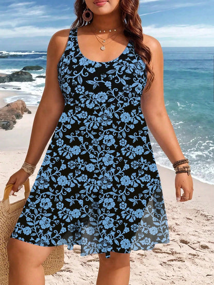 Swim Lushoire Plus Size Women Light Blue Contrast Mesh One-Piece Swimdress Vacation Summer