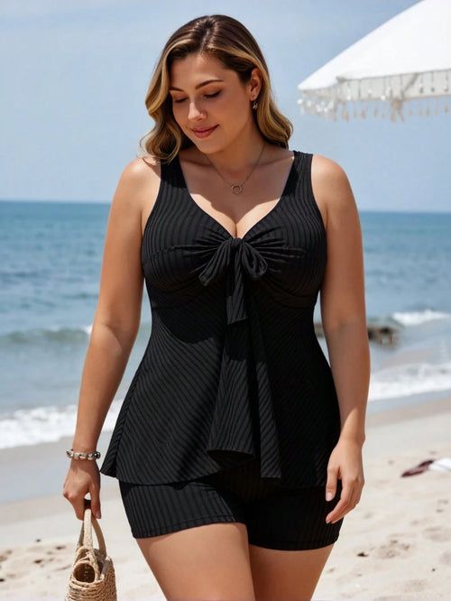Swim Lushoire Plus Size Women Ribbed Top With Bow And Ruffle Hem Paired With Hipster Bottoms Luxury Beach Swimwear Set For Summer Beach Vacation