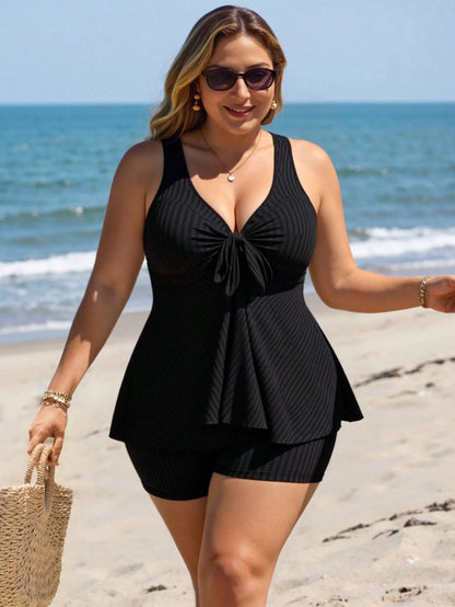 Swim Lushoire Plus Size Women Ribbed Top With Bow And Ruffle Hem Paired With Hipster Bottoms Luxury Beach Swimwear Set For Summer Beach Vacation