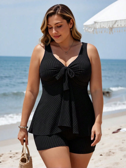Swim Lushoire Plus Size Women Ribbed Top With Bow And Ruffle Hem Paired With Hipster Bottoms Luxury Beach Swimwear Set For Summer Beach Vacation