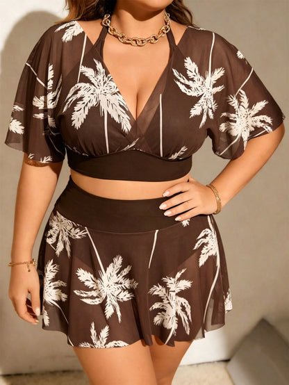 Swim Lushoire Plus Size Women's Deep V Palm Leaf Print Mesh 2-Piece Swimwear, Slimming Flattering, Vacation Style Beach Vacation Pink Summer