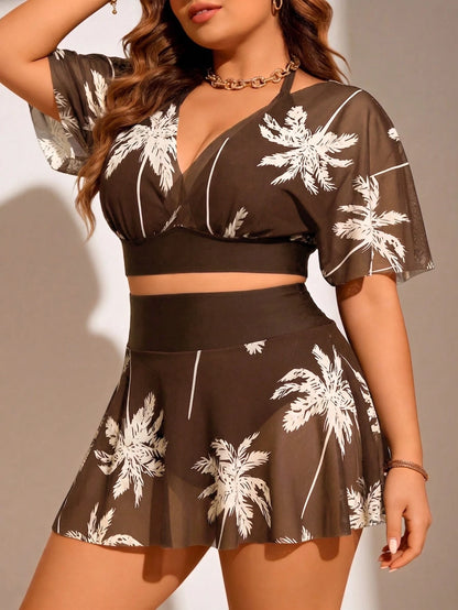 Swim Lushoire Plus Size Women's Deep V Palm Leaf Print Mesh 2-Piece Swimwear, Slimming Flattering, Vacation Style Beach Vacation Pink Summer