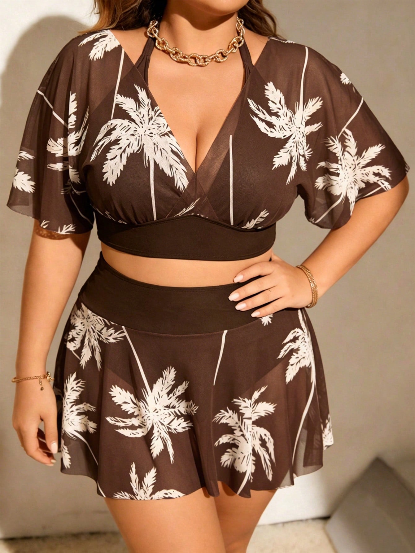 Swim Lushoire Plus Size Women's Deep V Palm Leaf Print Mesh 2-Piece Swimwear, Slimming Flattering, Vacation Style Beach Vacation Pink Summer