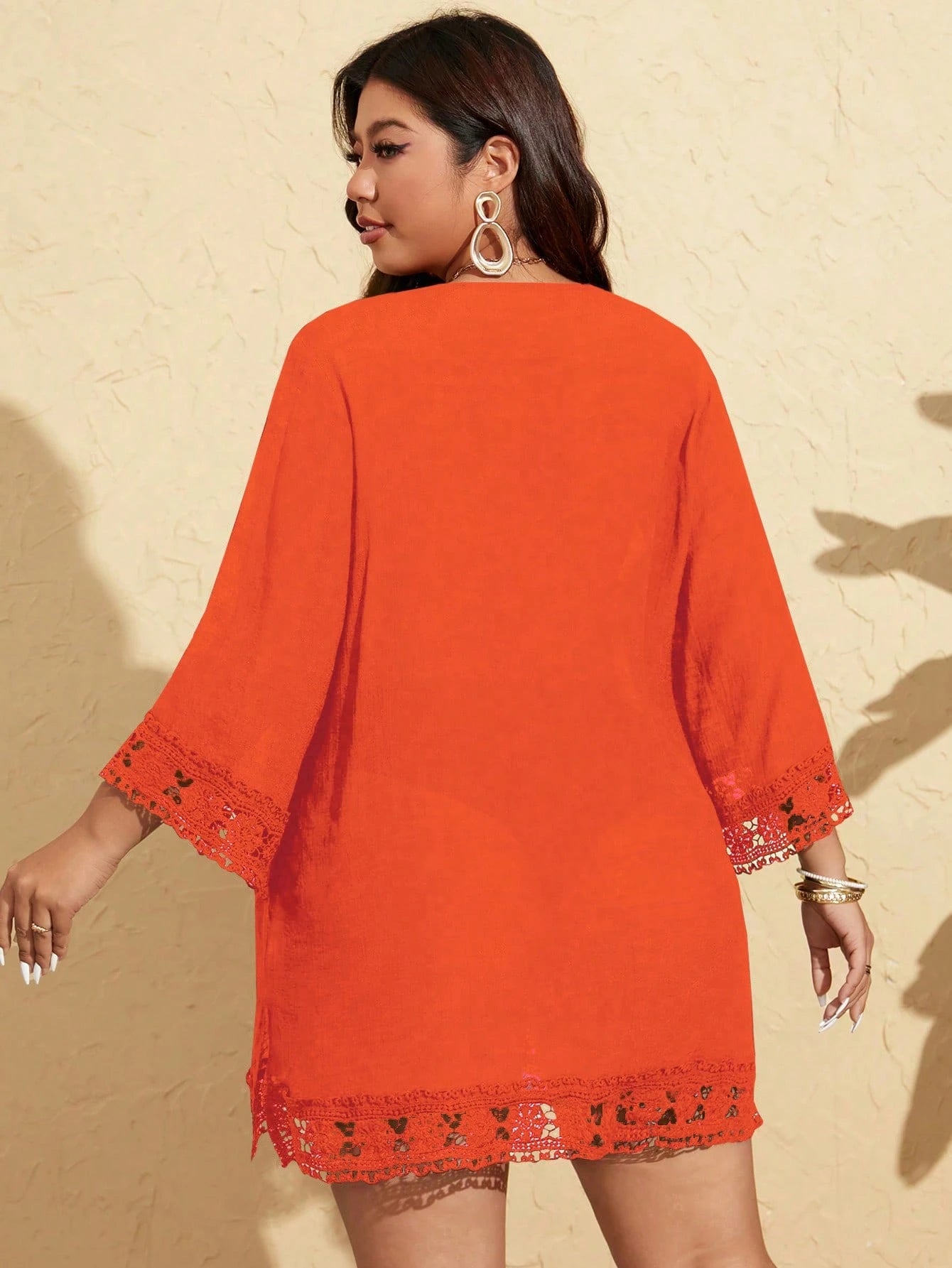 Swim Lushoire Plus Size Women's Hollow Floral Lace Splice Deep V-Neck Casual Vacation Coverup