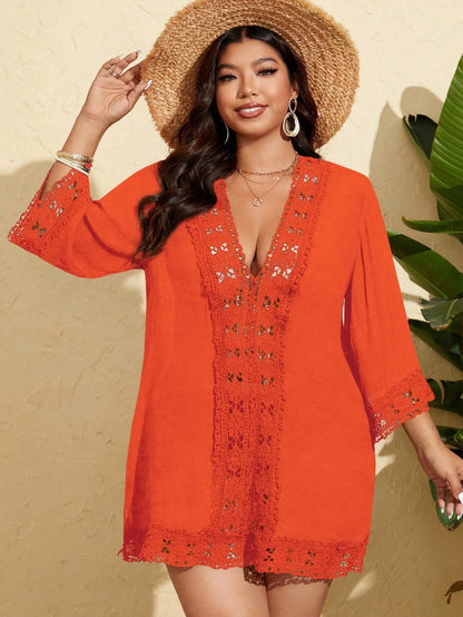 Swim Lushoire Plus Size Women's Hollow Floral Lace Splice Deep V-Neck Casual Vacation Coverup
