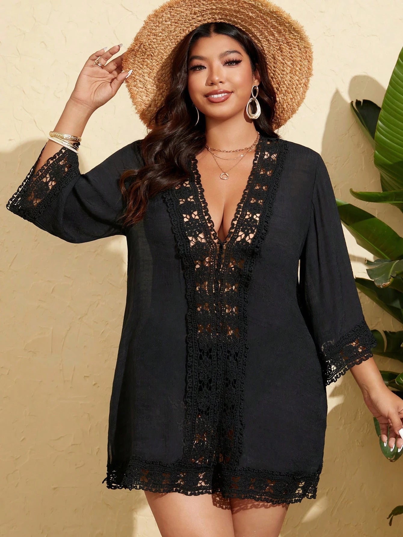 Swim Lushoire Plus Size Women's Hollow Floral Lace Splice Deep V-Neck Casual Vacation Coverup