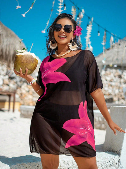 Swim Lushoire Plus Size Women's Mesh Print Loose Short Sleeve Casual Beach Cover-Up For Summer Beach Vacation