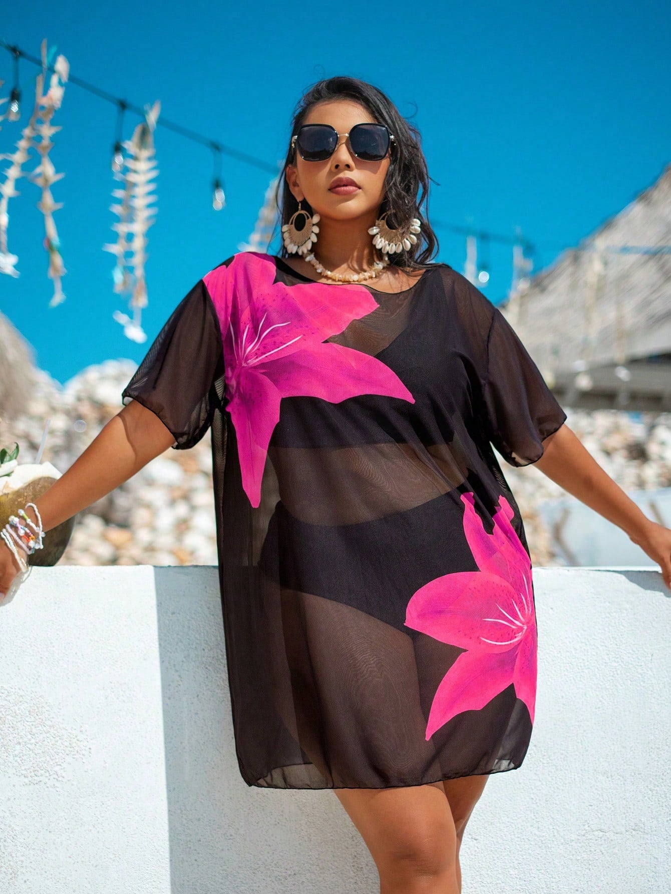 Swim Lushoire Plus Size Women's Mesh Print Loose Short Sleeve Casual Beach Cover-Up For Summer Beach Vacation