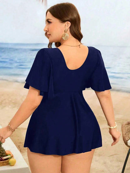 Swim Lushoire Plus Size Women's Navy Blue Swimdress Two Pieces Set,Hollow-Out Flounce Sleeve,High-Waist Triangle Bottoms,Summer Tropical Beach Holiday Swimwear