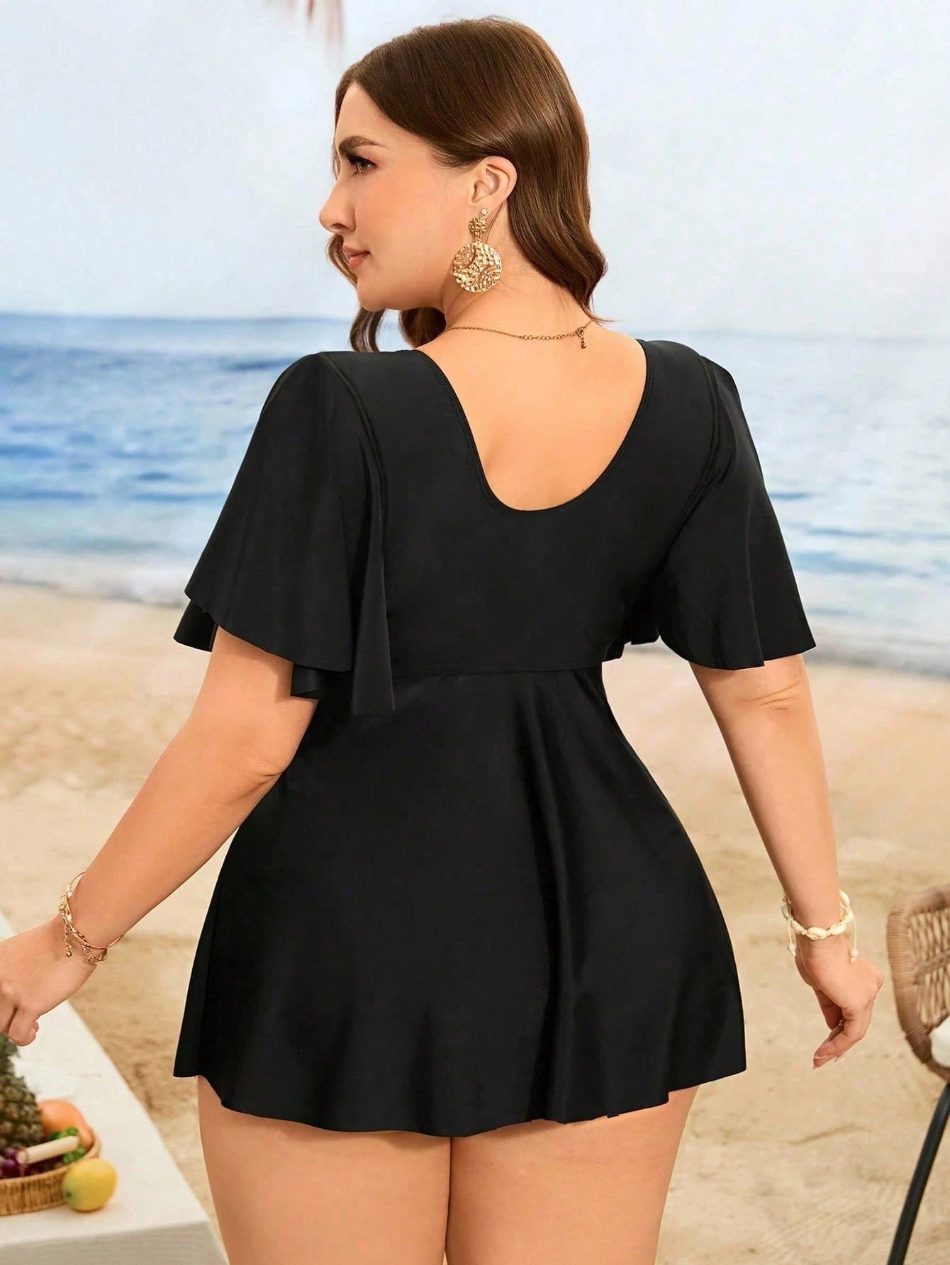 Swim Lushoire Plus Size Women's Navy Blue Swimdress Two Pieces Set,Hollow-Out Flounce Sleeve,High-Waist Triangle Bottoms,Summer Tropical Beach Holiday Swimwear