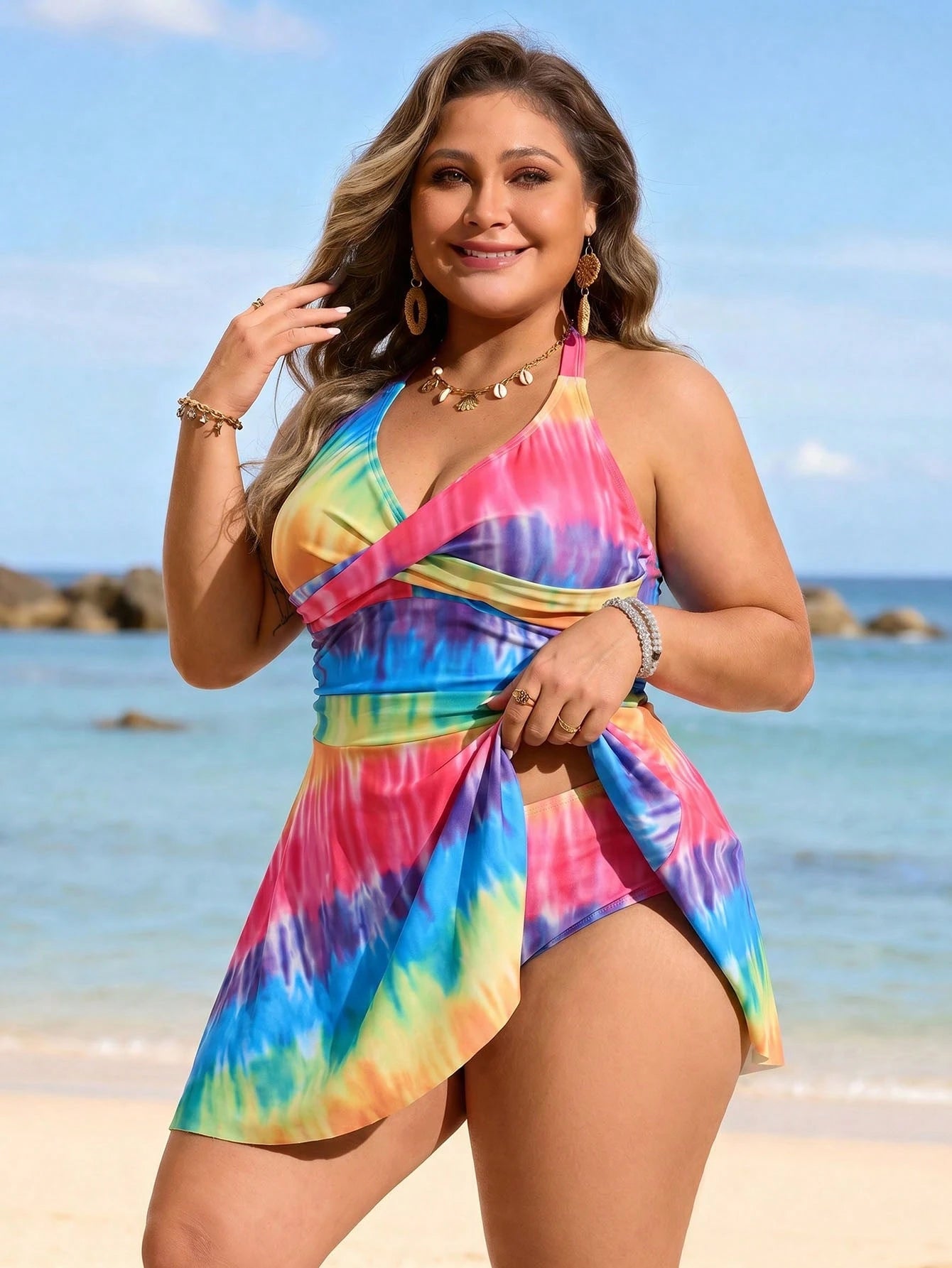 Swim Lushoire Plus Size Women's New V-Neck Striped Patchwork Criss-Cross Bust Design Tummy Slimming Skirt Tankini Two Pieces Swimsuit