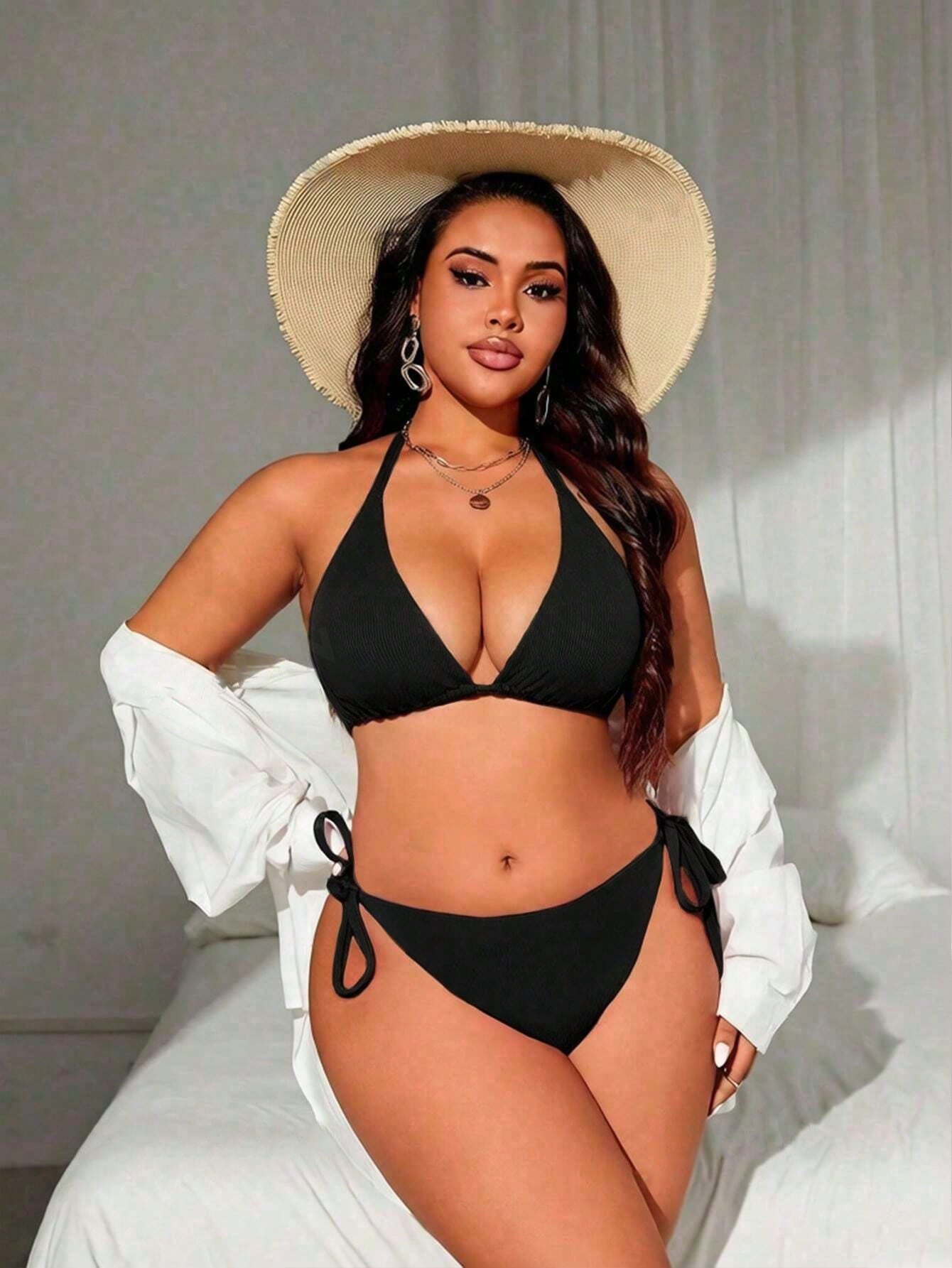 Swim Lushoire Plus Size Women's Solid Color Halter Tie Sexy Bikini Set For Beach Summer Beach