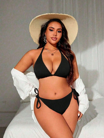 Swim Lushoire Plus Size Women's Solid Color Halter Tie Sexy Bikini Set For Beach Summer Beach
