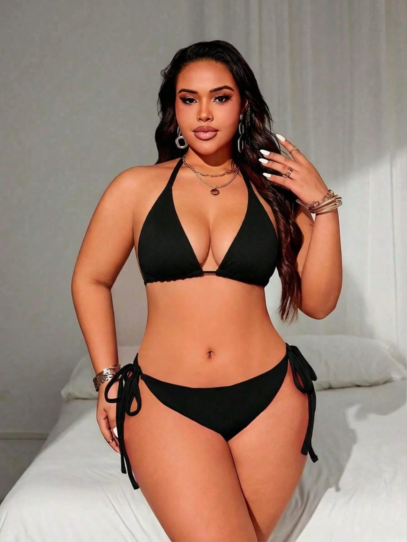 Swim Lushoire Plus Size Women's Solid Color Halter Tie Sexy Bikini Set For Beach Summer Beach