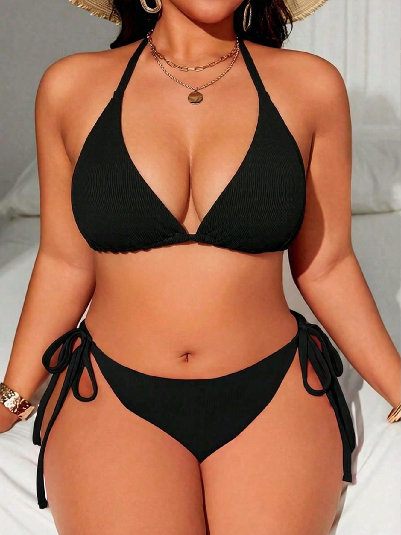 Swim Lushoire Plus Size Women's Solid Color Halter Tie Sexy Bikini Set For Beach Summer Beach
