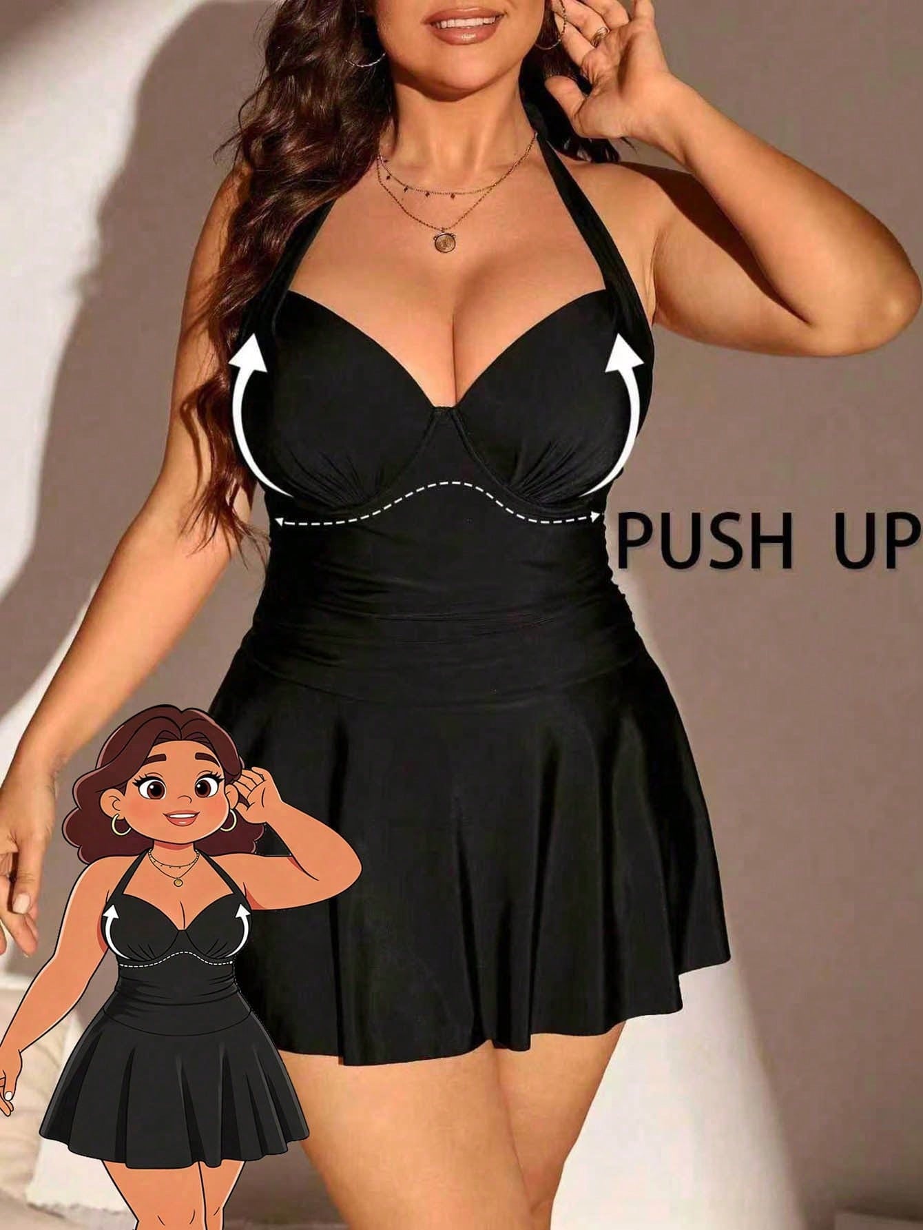 Swim Lushoire Plus Size Women's Solid Color Simple Daily Halter Neck Swimsuit Dress Summer