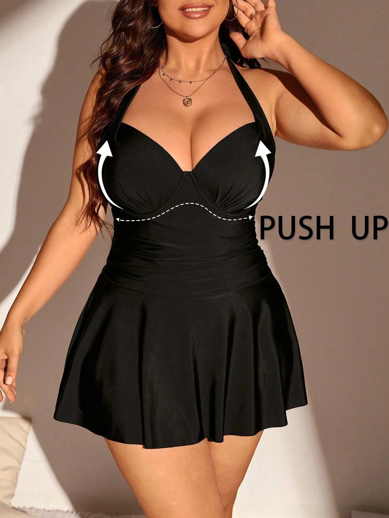 Swim Lushoire Plus Size Women's Solid Color Simple Daily Halter Neck Swimsuit Dress Summer