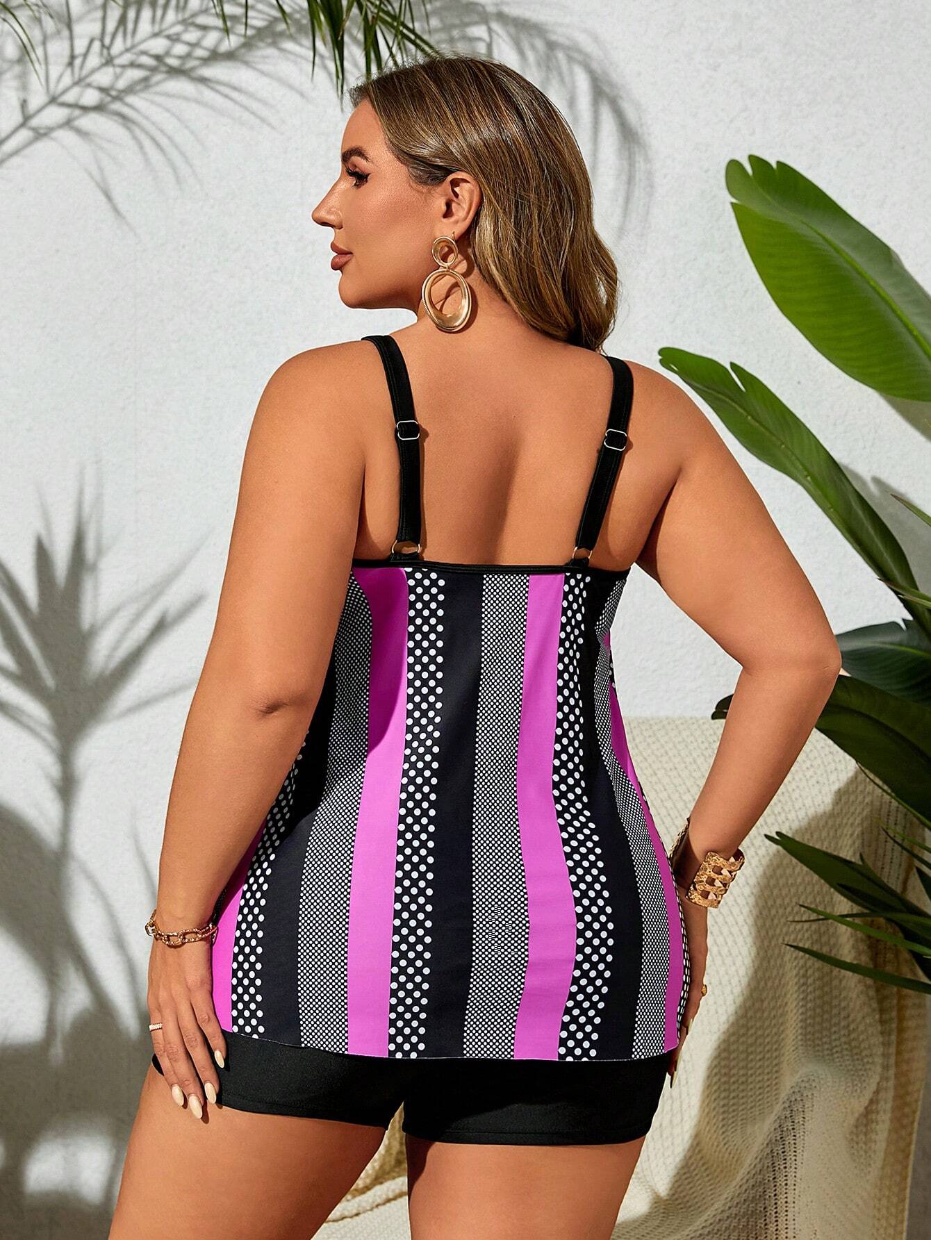 Swim Lushoire Plus Size Women's Vacation Polka Dot Striped Printed Casual Tankini Swimwear With Vest-Style Top Summer