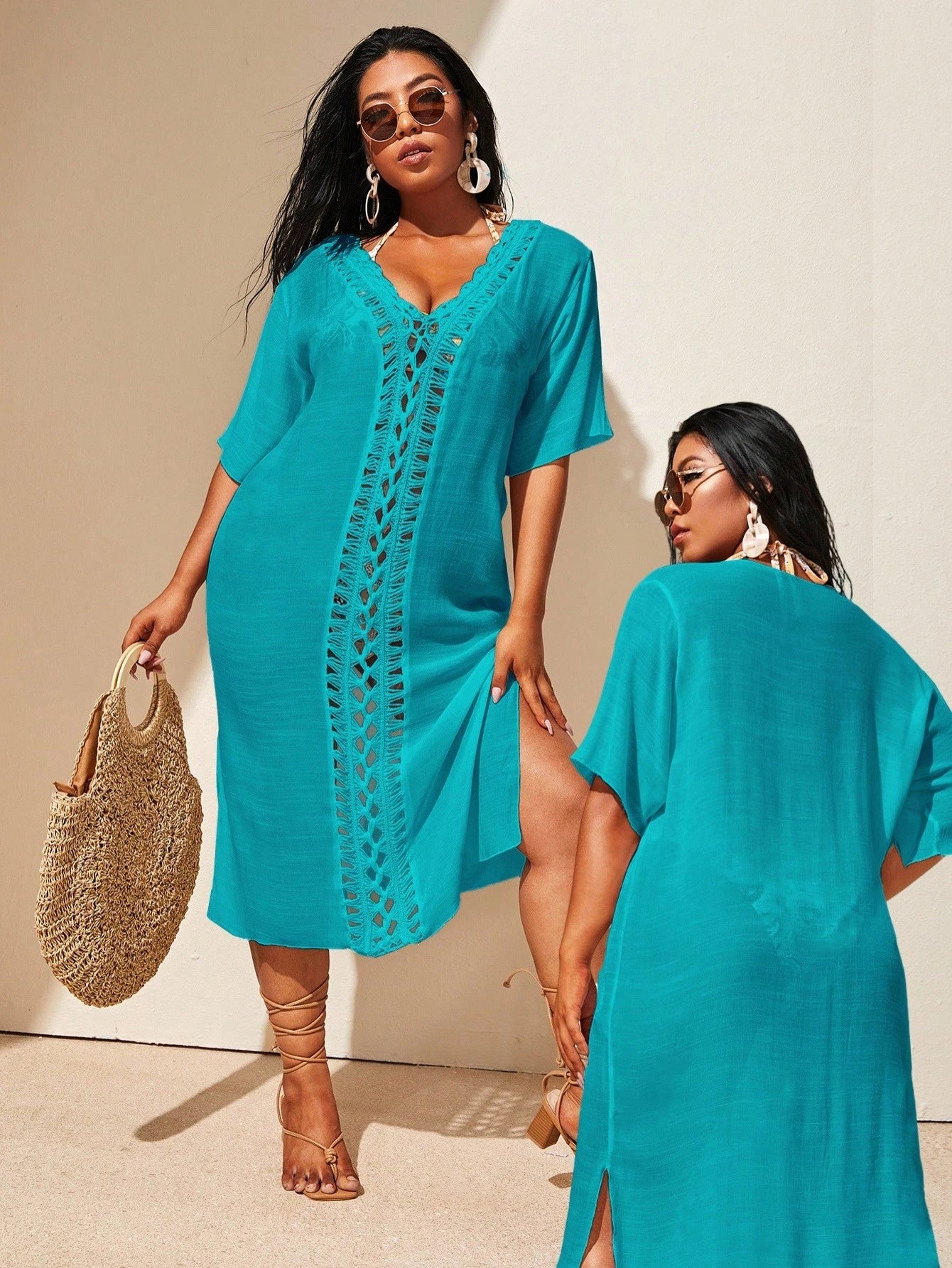 Swim Lushoire Plus Size Women's Vacation Solid Color Hollow Out Loose Fit Straight Cover Up Dress With V-Neck Short Sleeves,Summer Beach
