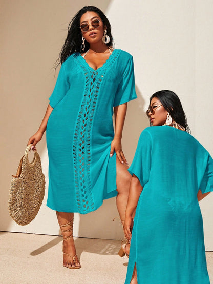 Swim Lushoire Plus Size Women's Vacation Solid Color Hollow Out Loose Fit Straight Cover Up Dress With V-Neck Short Sleeves,Summer Beach