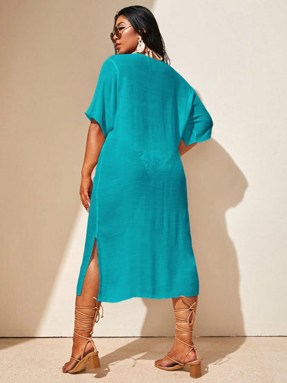 Swim Lushoire Plus Size Women's Vacation Solid Color Hollow Out Loose Fit Straight Cover Up Dress With V-Neck Short Sleeves,Summer Beach