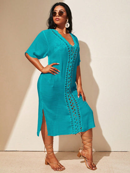 Swim Lushoire Plus Size Women's Vacation Solid Color Hollow Out Loose Fit Straight Cover Up Dress With V-Neck Short Sleeves,Summer Beach